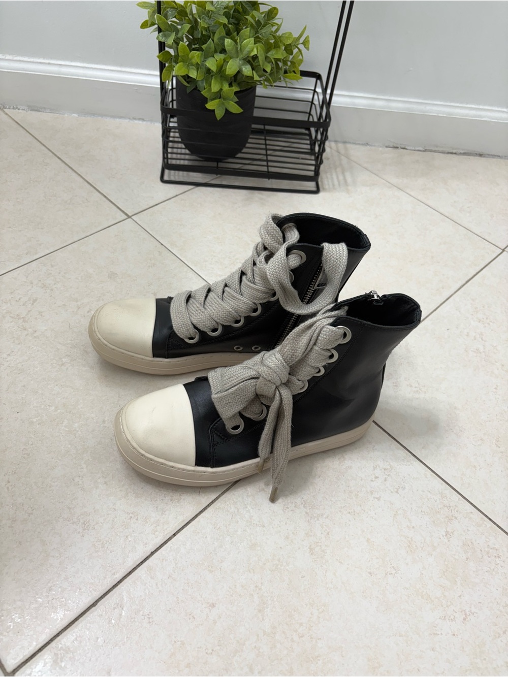 Rick Owens Black High-Top Sneakers with Cream Toe and Laces